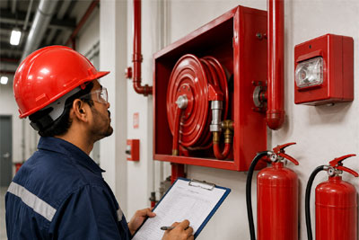 Fire safety engineer inspecting equipment